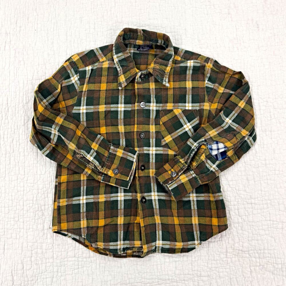 Vintage Boys Size 6 Green/Brown Plaid Cotton Collared Button-Up As is